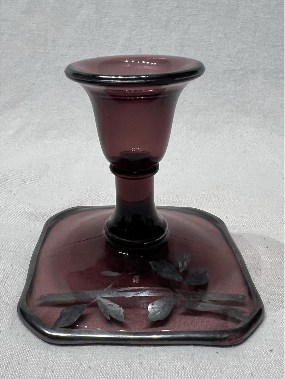 Vintage Amethyst Candle Holder - Hand Painted Silver Flowers Overlay